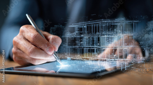 Real estate professional with digital tablet concept. A hand drawing architectural plans on a digital tablet.