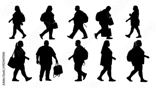 Overweight Casual Walking People Profile Black Silhouettes Vector Pack with Bags and Backpacks