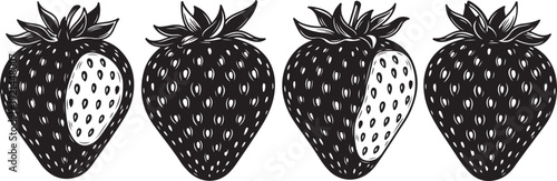 Four black and white strawberries with detailed seeds and leaves strawberry fruit food vintage