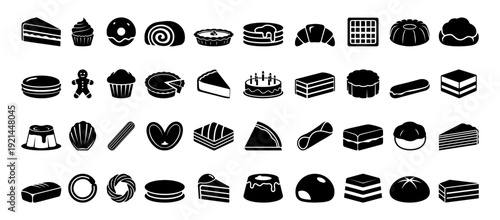Sweet Pastry and Dessert Icons Black Silhouette Vector Set.