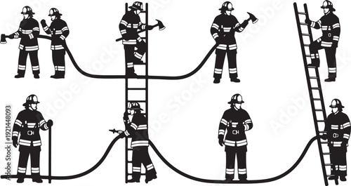 Firefighters in protective gear with axes hoses and ladders in various poses firemen fire fighting emergency