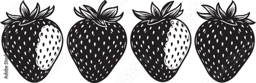 Four black and white stylized strawberries with seeds and leaves strawberry fruit 1 food