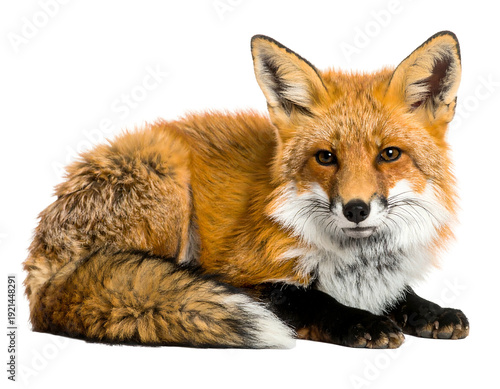 A beautiful red fox resting peacefully showcasing its vibrant fur and attentive gaze.