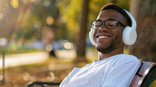 A smiling man wearing headphones enjoys music in the park, creating a relaxed atmosphere that would be perfect as a cheerful backdrop for advertising audio equipment or meditation apps.

