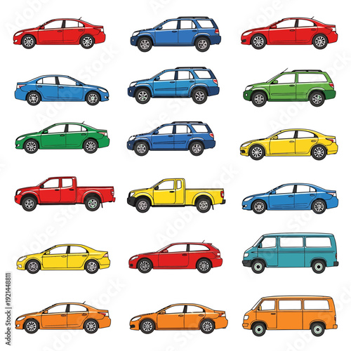 Colorful Car Collection Vector Set with Various Models and Styles

