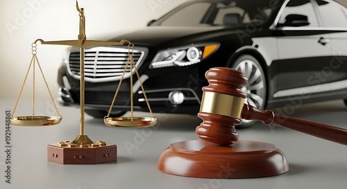 Gavel, scale, and car wreck evoke wrongful death legal claim and pursuit of civil justice