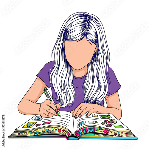 Young Woman with Long Hair Coloring in a Detailed Sketchbook Illustration

