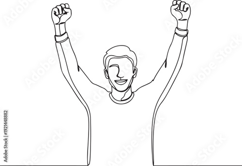 Man with arms raised in celebration and fists clenched victory success