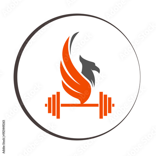 Creative phoenix bird fitness logo with barbell for gym and body building club