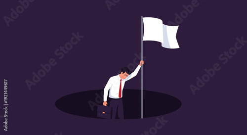 Sad businessman standing in a deep dark hole while holding a white flag representing surrender, failure, or a business crisis.