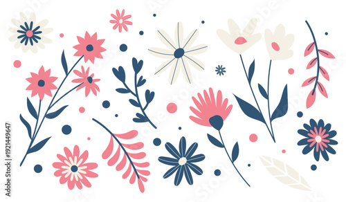 Collection of modern pastel floral elements with decorative botanical illustrations. Perfect for greeting cards, branding, wedding design, patterns, packaging and creative templates