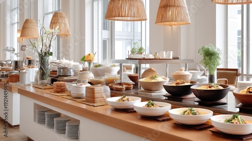 Elegant breakfast buffet in a modern restaurant featuring fresh dishes, beautiful decor, and natural light illuminating the dining area