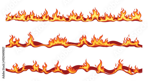 Collection of three horizontal borders of realistic orange and yellow fire flames with various intensities on a white background.