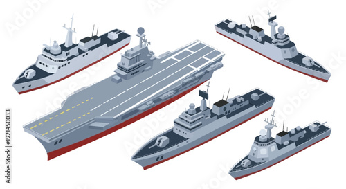 Isometric illustration depicting a fleet of modern naval warships at sea