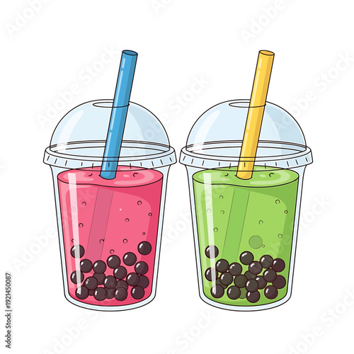 Refreshing Bubble Tea Drinks with Colorful Straws and Tapioca Pearls Vector

