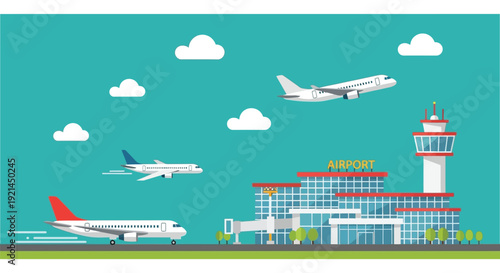 Cartoon illustration of an airport with planes and a control tower