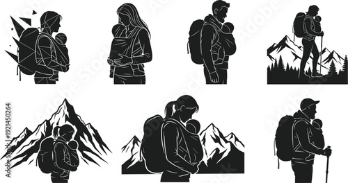 Black and white silhouettes of parents carrying babies hiking