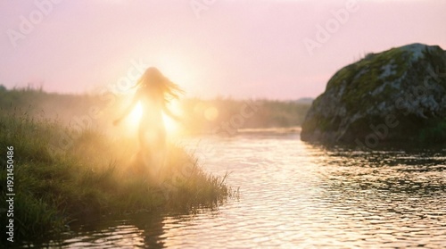 Canvastavla Ethereal glowing spirit silhouette standing by a mystical river at sunset