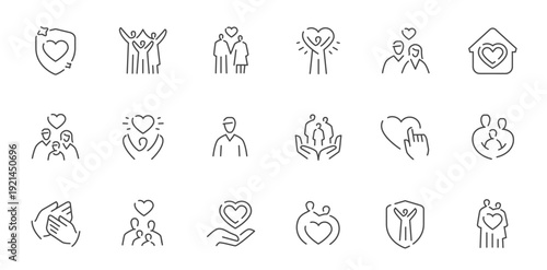 Family care and love line icons set, protection and support concept