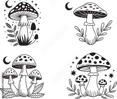 Celestial mushroom illustrations with mystical moon and star elements for bohemian aesthetic designs