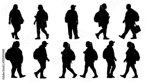 Big Body Pedestrian Side View Black Silhouettes Vector Collection with Bags and Backpacks