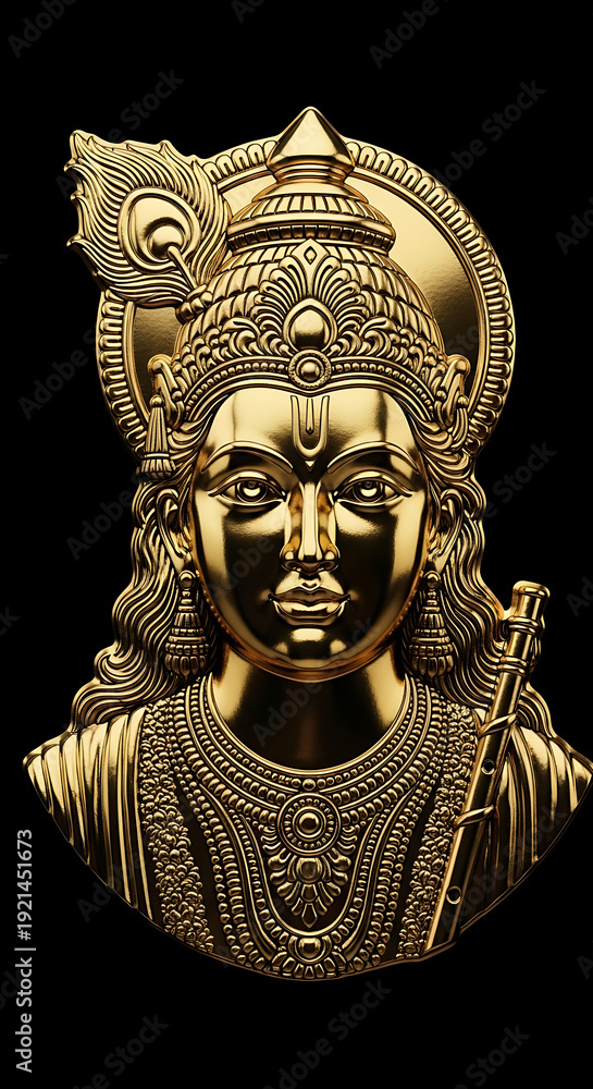 Obraz premium Luxury embossed gold relief sculpture of Lord Krishna face with flute and peacock feather crown, intricate temple jewelry craftsmanship, black background, premium spiritual metallic artwork design