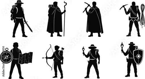Black silhouettes of eight medieval characters with various and tools warriors