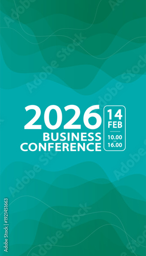 Business conference invitation banner in vertical orientation featuring an abstract green wavy background with modern line patterns. Professional mobile template for corporate seminars, digital market