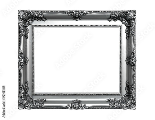 Ornate silver picture frame isolated on white background.
