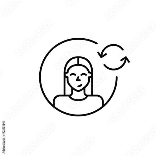 Woman user avatar and renew arrows. Profile picture refresh, account renewal, user update. Pixel perfect, editable stroke vector icon