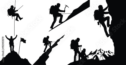Black silhouettes of people climbing mountains with ropes and flags mountain climbing