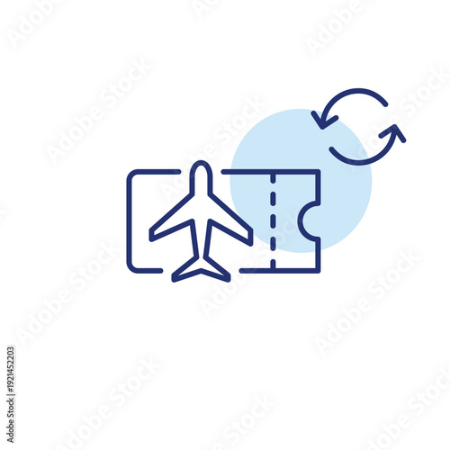Plane ticket and renew arrows. Travel update, flight status refresh. Pixel perfect, editable stroke vector icon