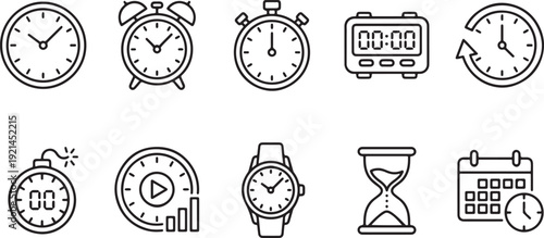 Collection of ten different clocks and timepieces flat design vector illustration set isolated on white background