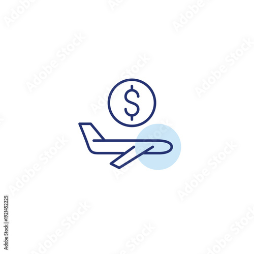 Airplane flying and dollar sign. Flight costs, ticket buying. Pixel perfect, editable stroke vector icon