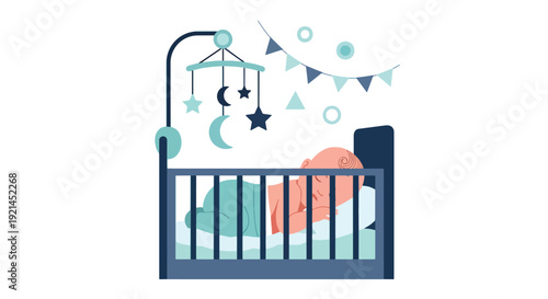 Modern vector illustration of newborn baby sleeping peacefully in crib with hanging mobile and stars in cozy nursery, flat solid color style showing bedtime routine and infant care concept