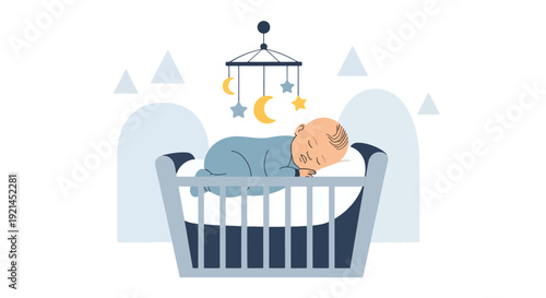 Modern vector illustration of newborn baby sleeping peacefully in crib with hanging mobile and stars in cozy nursery, flat solid color style showing bedtime routine and infant care concept