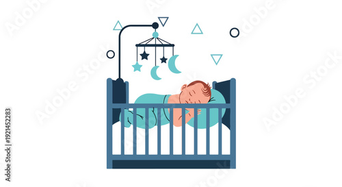 Modern vector illustration of newborn baby sleeping peacefully in crib with hanging mobile and stars in cozy nursery, flat solid color style showing bedtime routine and infant care concept