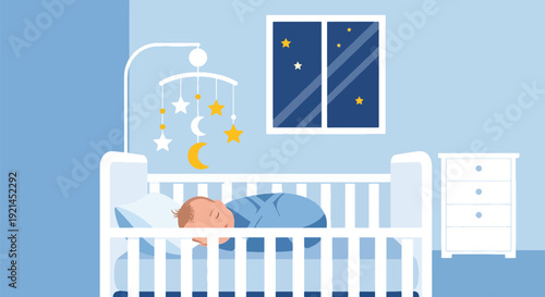 Modern vector illustration of newborn baby sleeping peacefully in crib with hanging mobile and stars in cozy nursery, flat solid color style showing bedtime routine and infant care concept