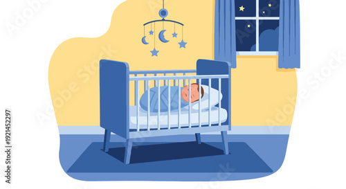 Modern vector illustration of newborn baby sleeping peacefully in crib with hanging mobile and stars in cozy nursery, flat solid color style showing bedtime routine and infant care concept