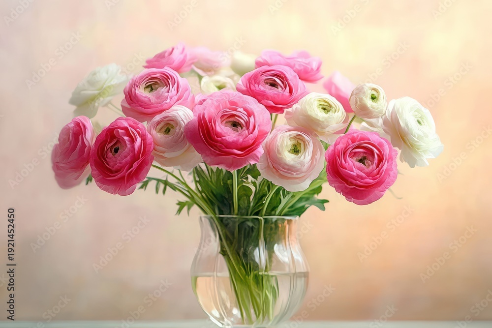 Obraz premium pink and white ranunculus bouquet with green stems in a clear glass vase of water on a soft pastel background, delicate romantic and serene still life