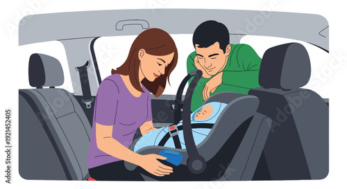 Modern vector illustration of parents placing newborn in car seat for first ride home in flat solid color style, parenting safety and family lifestyle concept after birth
