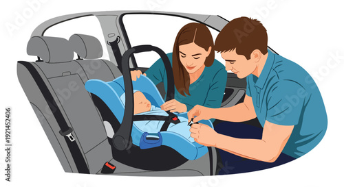 Modern vector illustration of parents placing newborn in car seat for first ride home in flat solid color style, parenting safety and family lifestyle concept after birth