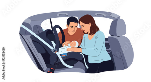 Modern vector illustration of parents placing newborn in car seat for first ride home in flat solid color style, parenting safety and family lifestyle concept after birth