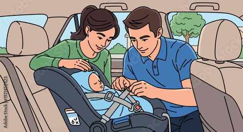 Modern vector illustration of parents placing newborn in car seat for first ride home in flat solid color style, parenting safety and family lifestyle concept after birth