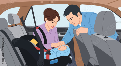 Modern vector illustration of parents placing newborn in car seat for first ride home in flat solid color style, parenting safety and family lifestyle concept after birth