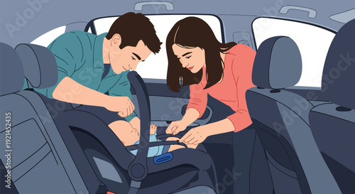 Modern vector illustration of parents placing newborn in car seat for first ride home in flat solid color style, parenting safety and family lifestyle concept after birth