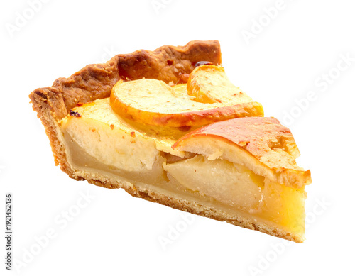 Delicious slice of apple tart with golden crust and fresh fruit topping.