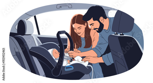 Modern vector illustration of parents placing newborn in car seat for first ride home in flat solid color style, parenting safety and family lifestyle concept after birth