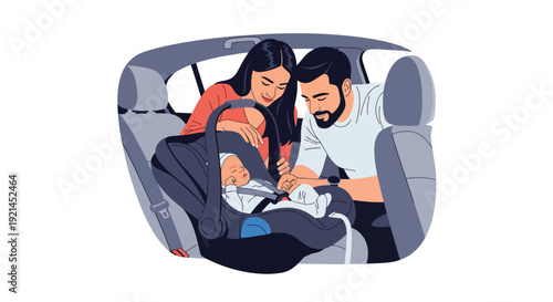 Modern vector illustration of parents placing newborn in car seat for first ride home in flat solid color style, parenting safety and family lifestyle concept after birth