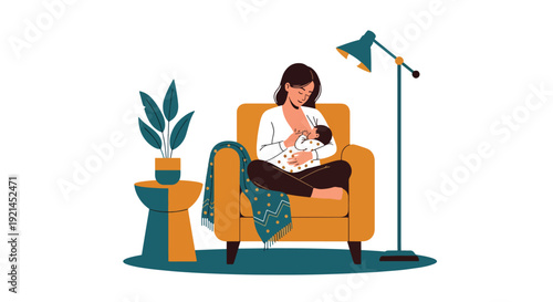 Modern vector illustration of mother breastfeeding newborn in cozy chair inside nursery in flat solid color style representing maternal care, bonding and healthy infant feeding concept
